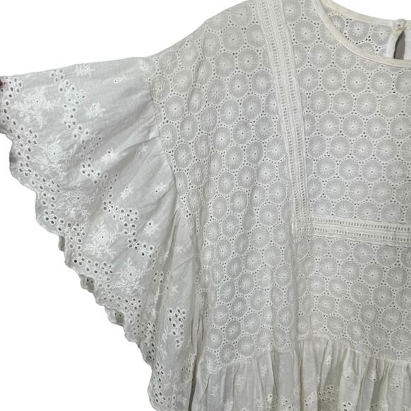 Main Strip White Eyelet Ruffle Cottage Boho Blouse Small Top Romantic Dainty - Picture 2 of 6